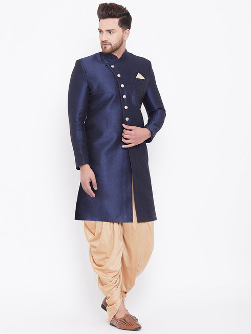 Vastramay Men's Navy Blue Silk Blend Sherwani Only Top